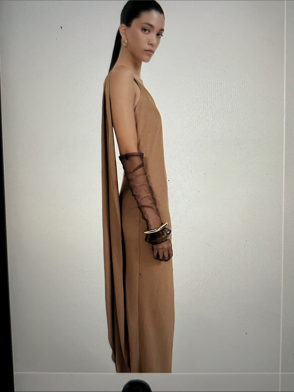 Mango One-Shoulder Camel  Draped-Back Dress